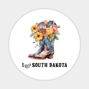 I Love South Dakota Boho Cowboy Boots with Flowers Watercolor Art Magnet